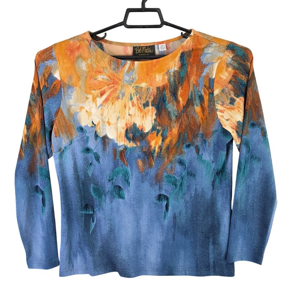 Womens Bob Mackie Orange Blue Abstract Top Wearable Art Long Sleeve Size M